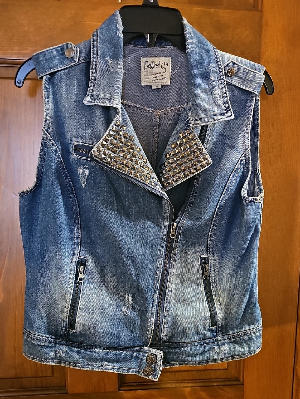 Dolled Up Studded Denim Moto Vest - Blue